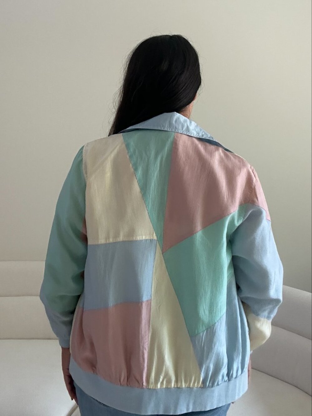 Vintage 80s Blair 100% Silk Pastel Color Block Bomber Jacket Oversized Small - Picture 11 of 14